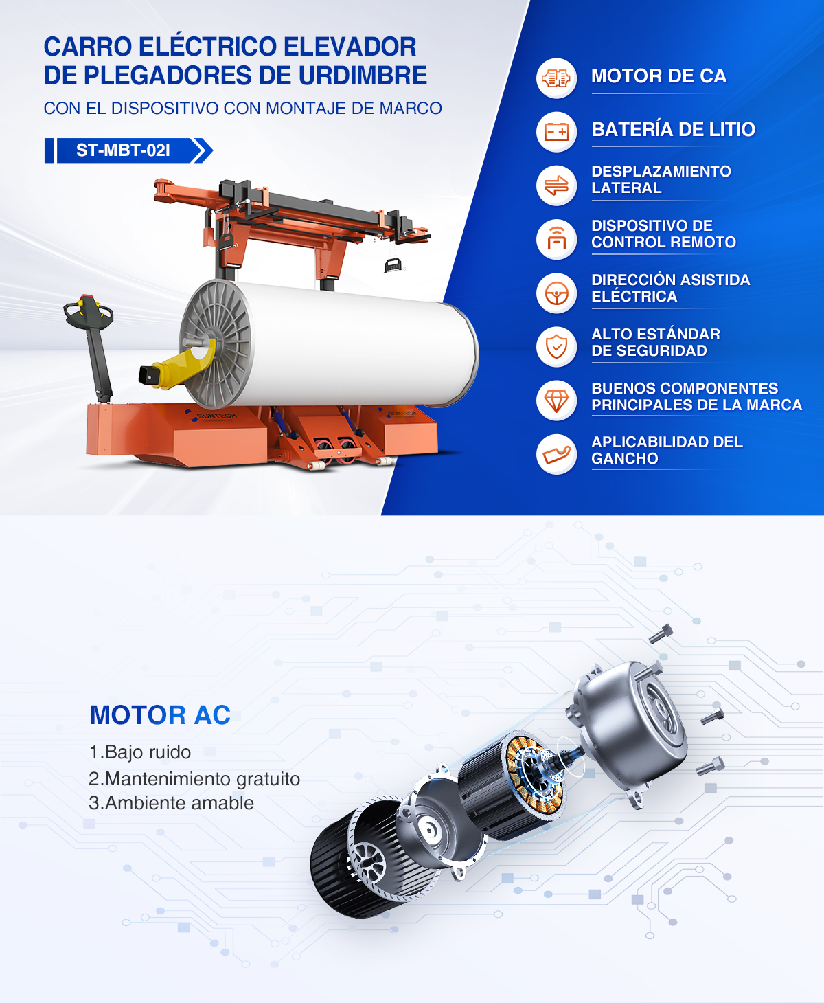 CARRO ELÉCTRICO ELEVADOR DE PLEGADORES DE URDIMBRE CON EL DISPOSITIVO CON MONTAJE DE MARCO