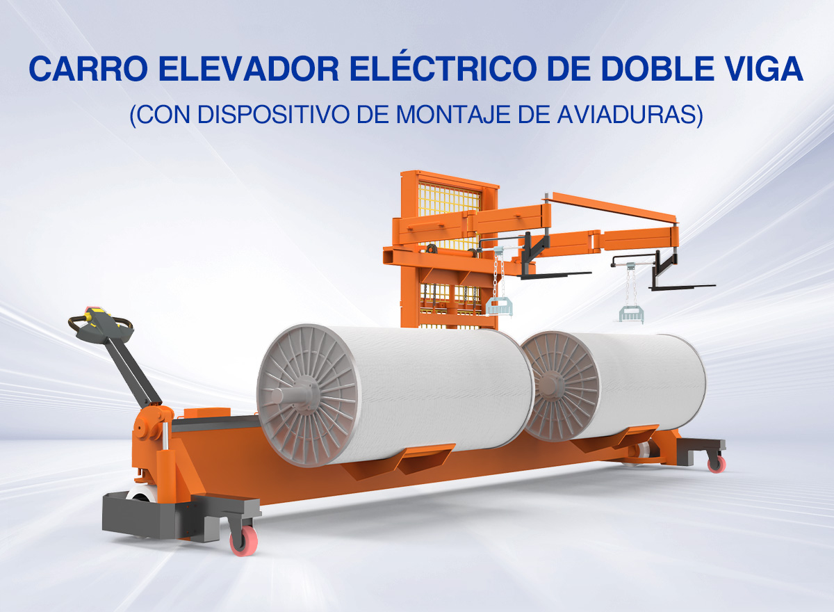 Carro elevador motorizado para plegadores de urdimbre dobles con dispositivo de montaje