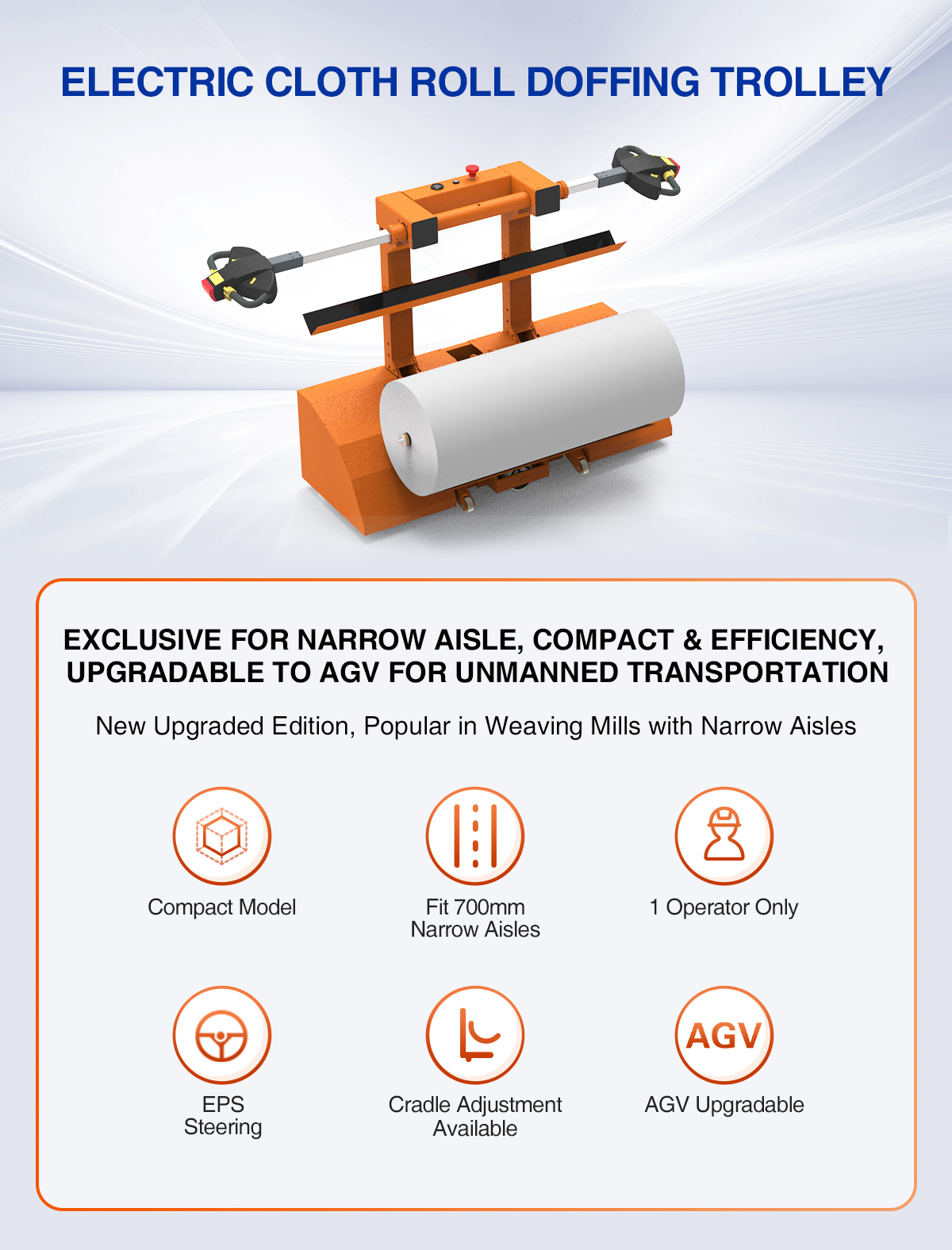 Electric Cloth Roll Doffing Trolley features